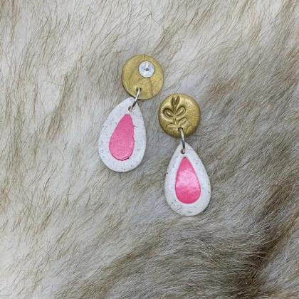 Pink, White And Gold Drop Polymer Clay Earrings