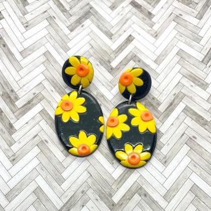 Black And Yellow Sunflower Polymer Clay Dangle..
