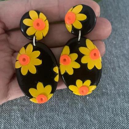 Black And Yellow Sunflower Polymer Clay Dangle..