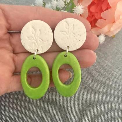 Green And White Dangle Earrings With Botanical..