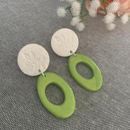 Green And White Dangle Earrings With Botanical..