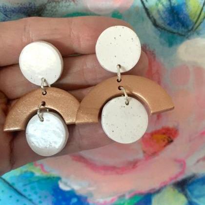 Rose Gold And White Specked Polymer Clay Dangle..