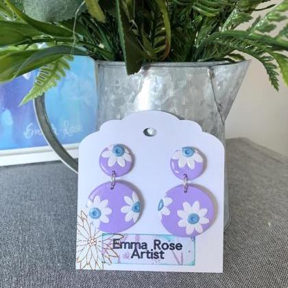 White Sunflower And Purple Dangle Polymer Clay..