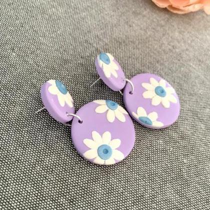 White Sunflower And Purple Dangle Polymer Clay..