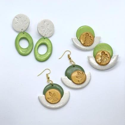 Green And Gold Earrings, Botanical Design, Dangle..