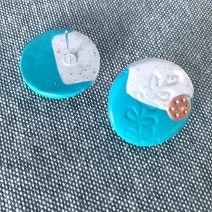Blue And White Botanical Polymer Clay Stud..