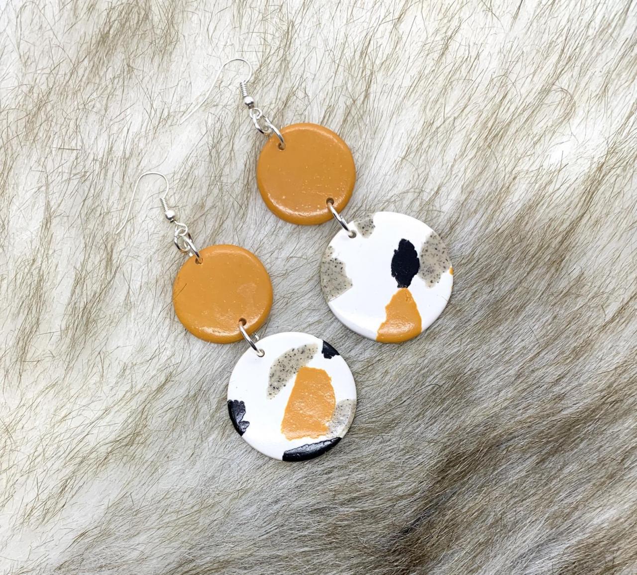 Mustard, Black And White, Dangle Statement Polymer Clay Earrings