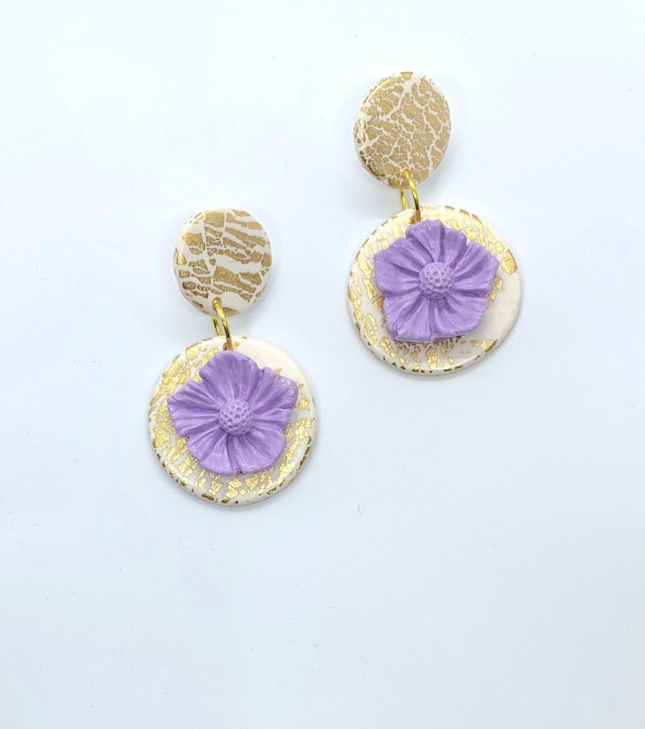 Gold Leaf Crackle Effect And White Earrings With Lavender Purple Flower