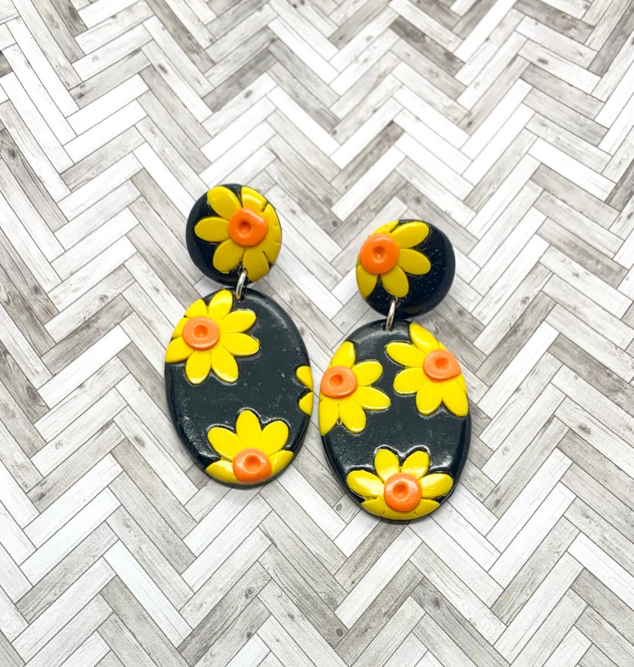 Black And Yellow Sunflower Polymer Clay Dangle Earrings