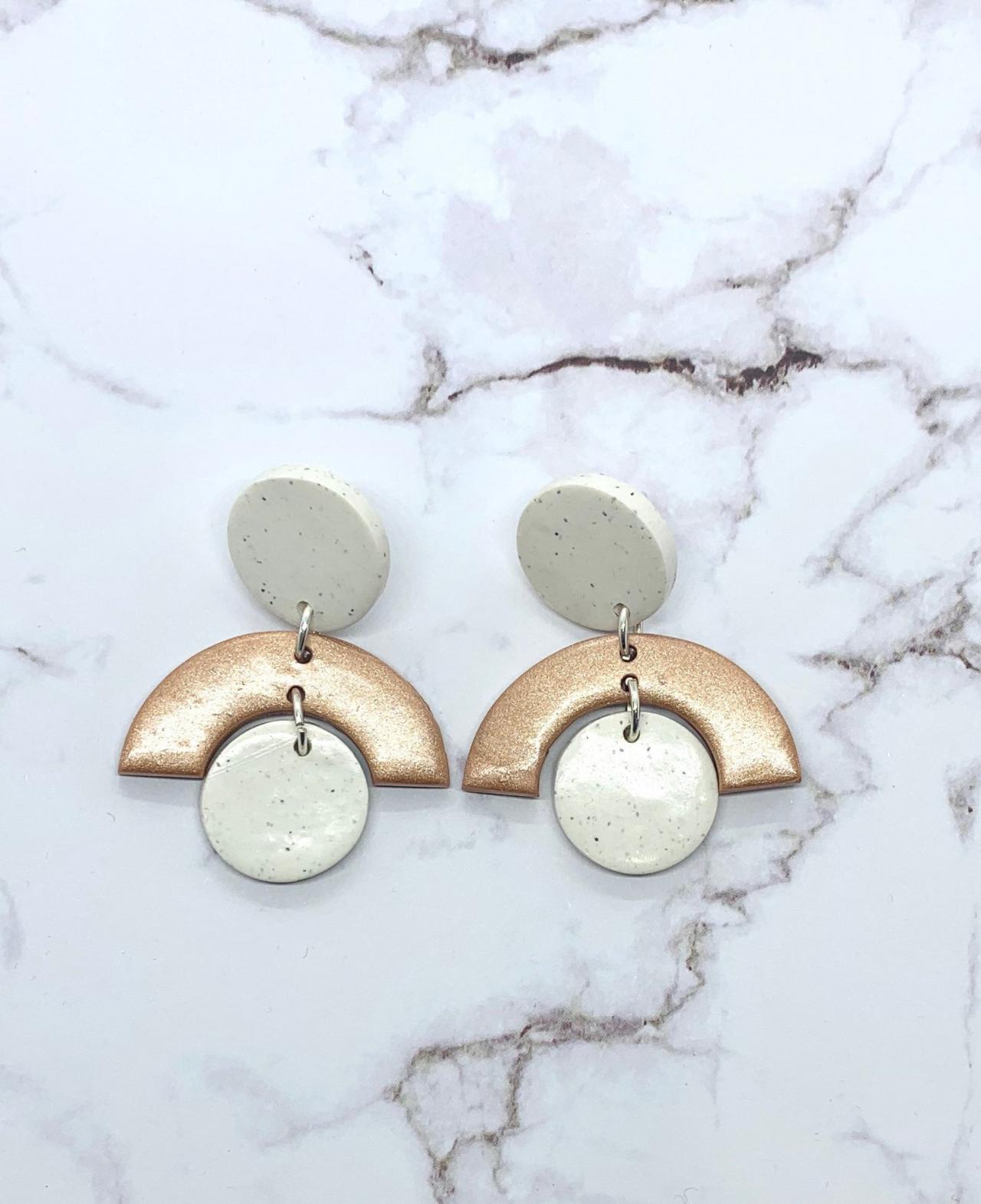 Rose Gold And White Specked Polymer Clay Dangle Earrings