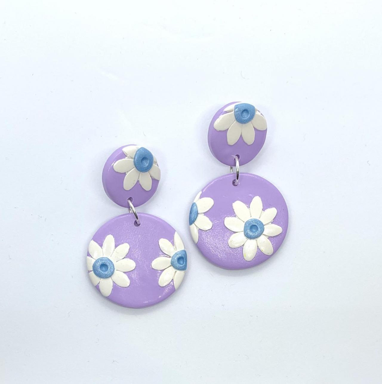 White Sunflower And Purple Dangle Polymer Clay Earrings
