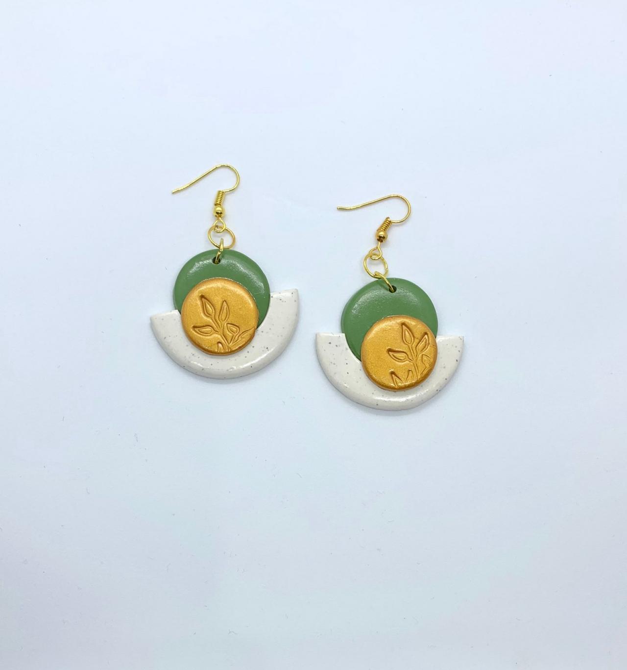 Green And Gold Earrings, Botanical Design, Dangle Boho Style