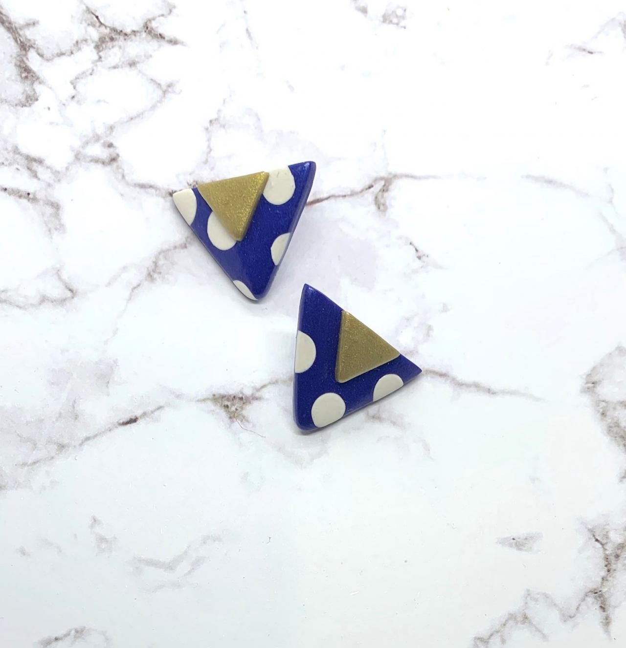 Triangle Polymer Clay Statement Stud Earrings, Oversized, Blue, Polkadot, Gold