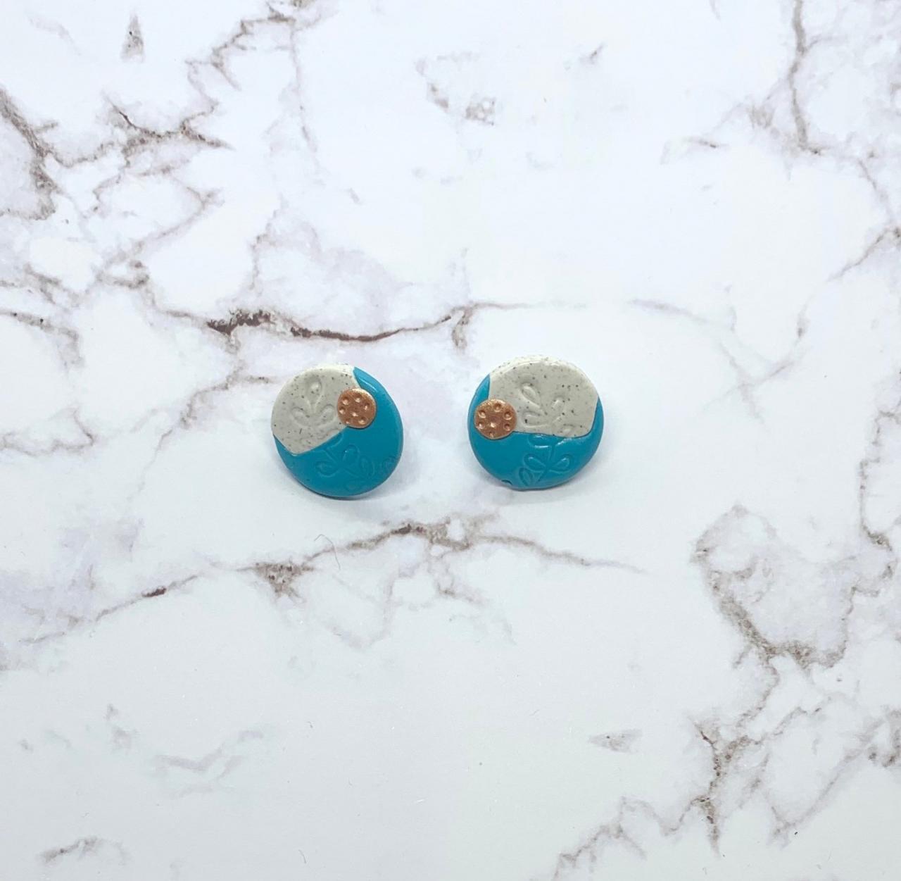 Blue And White Botanical Polymer Clay Stud Earrings