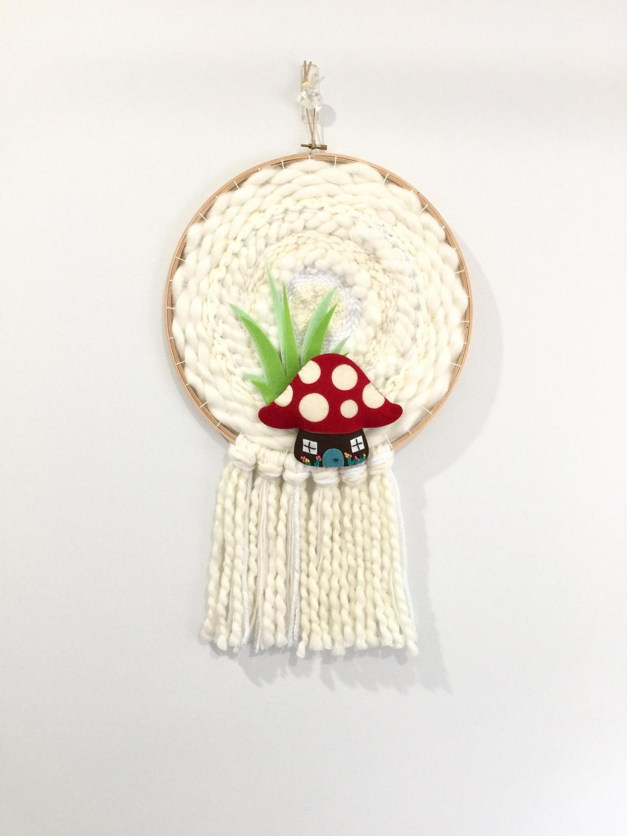 PRICE REDUCED ** Toad Stool House Round Woven Wall Hanging, Weaving, Wall Hanging, Nursery Art, Nursery Decor, White Weaving