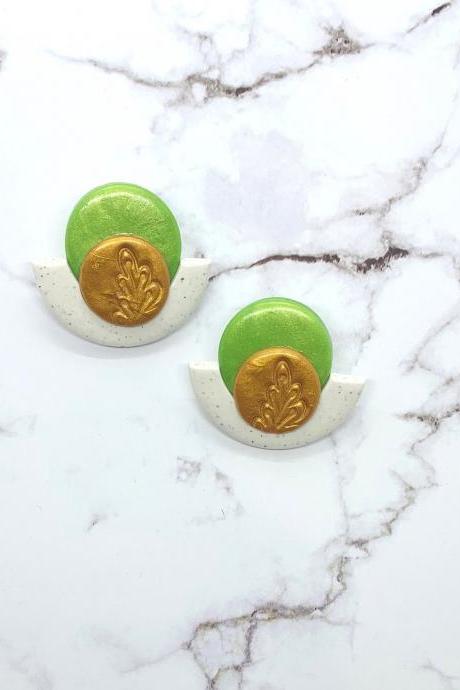Green And Gold Botanical, Unique Stud Style Earrings, Polymer Clay