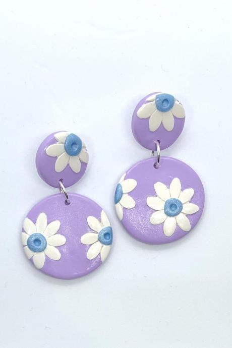 White Sunflower And Purple Dangle Polymer Clay Earrings
