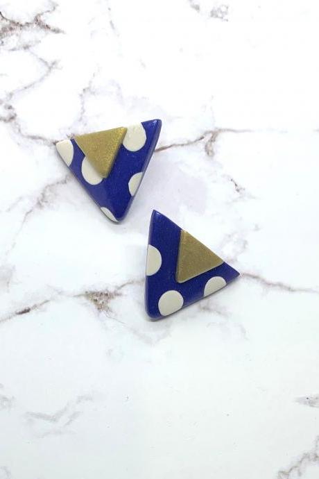 Triangle Polymer Clay Statement Stud Earrings, Oversized, Blue, PolkaDot, Gold