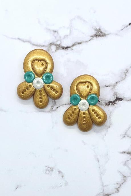 Gold, Green And White Polymer Clay Stud Earrings