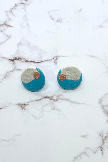 Blue And White Botanical Polymer Clay Stud Earrings