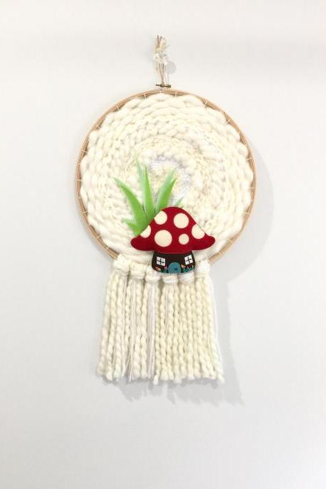 PRICE REDUCED ** Toad Stool House Round Woven Wall Hanging, Weaving, Wall Hanging, Nursery Art, Nursery Decor, White Weaving