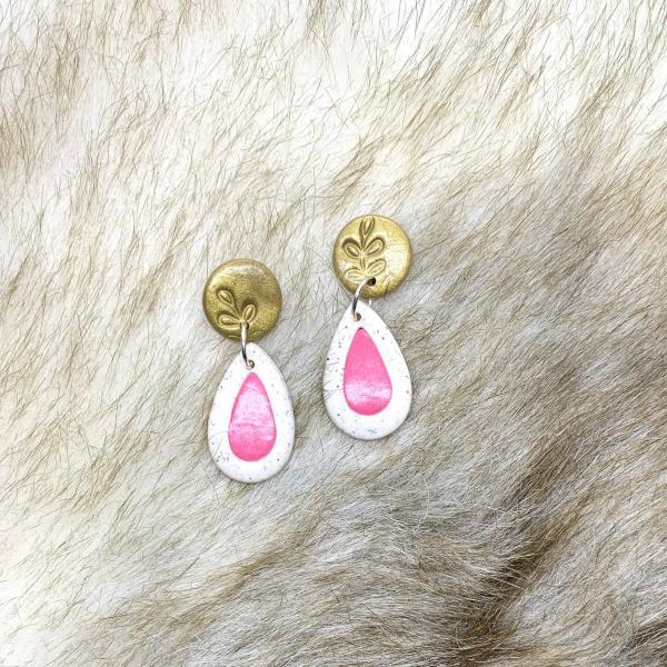 Pink, White And Gold Drop Polymer Clay Earrings