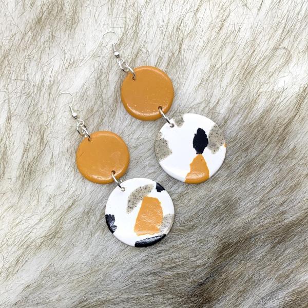Mustard, Black And White, Dangle Statement Polymer Clay Earrings